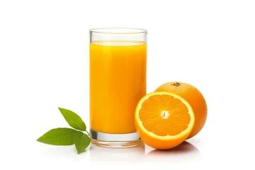 Foto op Canvas 100% Organic Fresh orange juice in the glass with slices of oranges and green leaf isolated on white background , Created with Generate Ai Technology © Atchariya63