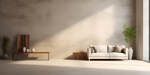 empty room with window living room interior wall mock up in natural grey tones with sofa plant and table