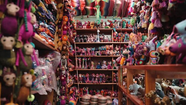 Colorful Toys And Dolls On Local Artisanry Market In San Cristobal de Las Casas, Chiapas, Mexico. Static Shot