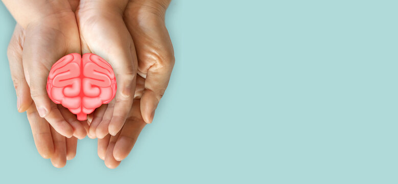 Human hand hold care brain health therapy, alzheimer, cancer, stroke, parkinson, disease, dementia, donation, surgery, cerebral haemorrage, encephalitis, insurance, hospital.world mental health day