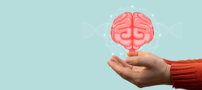 Human hand hold care brain health therapy, alzheimer, cancer, stroke, parkinson, disease, dementia, donation, surgery, cerebral haemorrage, encephalitis, insurance, hospital.world mental health day