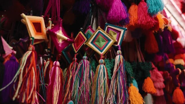 Ojo de Dios Colorful Hand-Weave Crafts At The Local Markets In San Cristobal De Las Casas In Chiapas, Mexico. Close up