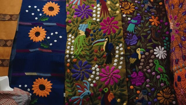 Colorful Designs And Hand-made Weaved Textiles In Zinacantan, Chiapas, Mexico. Close Up