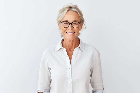 Portrait of smiling senior woman in eyeglasses standing against white background