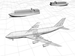 3D rendering wireframe of trnspotation ,airplane with ocean liner