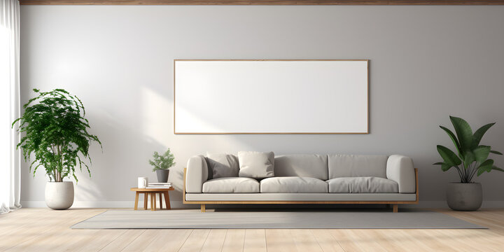 Poster Mockup With Horizontal Empty Frame On Grey Wall In Modern Living Room Interior With Sofa And Plant Pots Print Mock Up