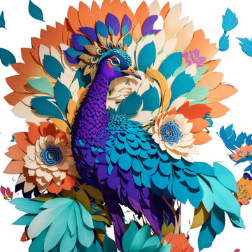 colorful kirigami  peafowl in flower background. 