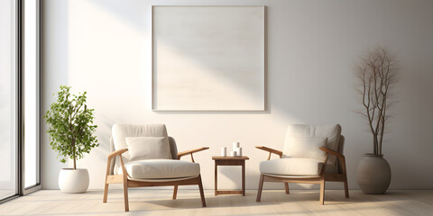 Fototapeta premium empty room interior in modern loft style house with armchair table and plant on plain blank white wall poster mock up