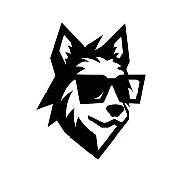 Wolf head wearing glasses. Geometric vector illustration. Gentleman wolf badge emblem logo icon