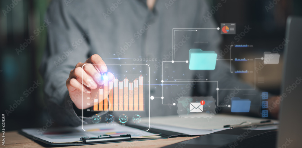 Poster statistical analyst reading graph report and business statistics charts ,Analysis and improvement of corporate strategy ,manage financial and marketing documents , Statistics and Data Concepts