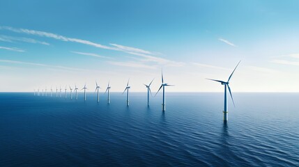 An offshore wind farm stands tall amidst blue waters and under expansive blue skies, with white wind turbines harnessing nature's power. Generative AI - obrazy, fototapety, plakaty