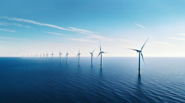 An offshore wind farm stands tall amidst blue waters and under expansive blue skies, with white wind turbines harnessing nature's power. Generative AI