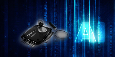 3d illustration key in computer microchips near lens