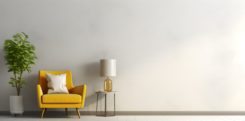 yellow armchair in a loft style room interior with lamp and plant on empty white wall