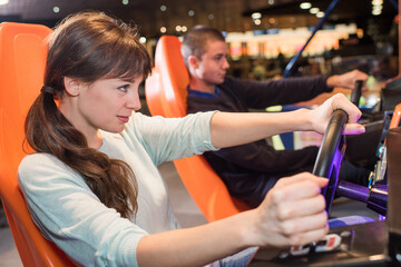 Fototapeta na wymiar a woman during driving simulator