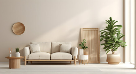 Mockup living room interior with sofa table and plants on empty white wall background mock up