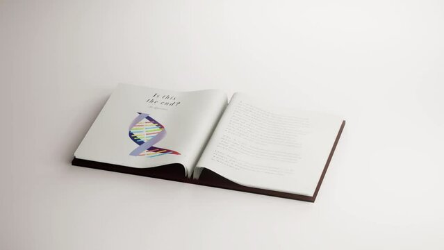 3D Animation of a DNA Guidebook flipping open to reveal information and illustrations about DNA