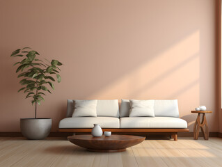 Mockup living room interior with white sofa table and plant on empty pink wall background mock up