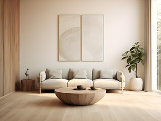 Mockup living room interior with sofa coffee table and plant on empty white wall background poster frames mock up