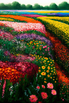 Flower Field, Oil Paint, Generative AI Illustration