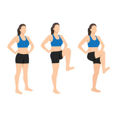 Woman doing standing knee raises. Abdominal exercise. Flat vector illustration isolated on white background