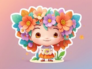 Fototapeta na wymiar stickers girl and flower bush
