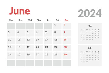 Calendar Template of june 2024. Vector layout simple calendar with week start Monday.