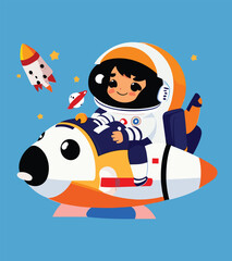 Fototapeta na wymiar Cute astronaut boy riding space rocket. Flat vector cartoon design