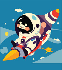 Cute astronaut boy riding space rocket. Flat vector cartoon design