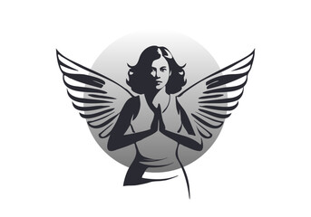 Vector graphic stencil of angel lady with wings and hairstyle. Gray circle. White isolated background.
