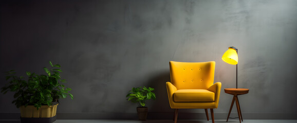 modern minimalistic living room interior dark empty mockup dark concrete wall and yellow chair with plant in vase lamp mock up table background