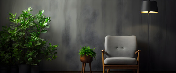 modern minimalistic living room interior dark empty mockup dark concrete wall and grey chair with lamp and plant in vase mock up background
