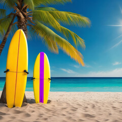 Surfboard and palm trees on a beach, summer vacation concept, generative ai illustration