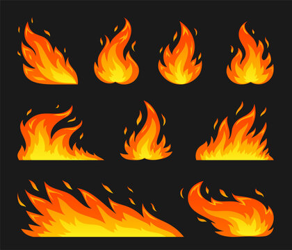 Hot temperature comic dangerous flame fires. Cartoon fire flames. Red campfire fiery flat silhouette set. Burning blazing wildfire, glow bonfire emoticon stickers isolated on black background