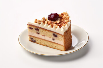 a piece of delicious cake on a plate of cherry topping on a white background