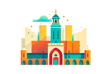 Charming abstract representation of Moroccan architecture; minimalist, geometric skyline rich with vibrant Medina color palette. Generative AI