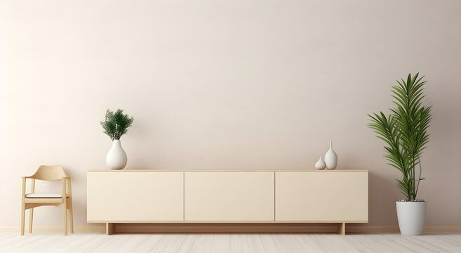 Mockup white wall background Modern living room decor with a tv cabinet and plants mock up