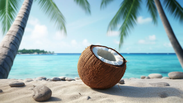 Broken brown coconut on sandy beach, Tropical beach, World Coconut Day