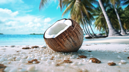 Broken brown coconut on sandy beach, Tropical beach, World Coconut Day