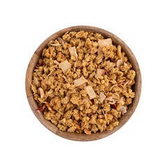 crunchy granola in wooden bowl isolated on white, muesli pile with nuts and cranberry close out, healthy eating concept