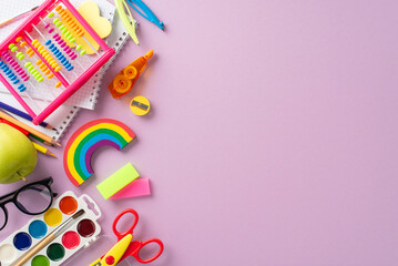 Embark on a captivating learning adventure with this top-down snapshot: a vivid array of child school supplies on pastel purple background, providing copyspace for text or promotional material