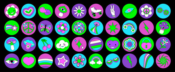 Groovy hippie circle sticker 70s set. Funny cartoon bright neon colors - flower, love, rainbow, peace, heart, daisy, mushroom, eye. Psychedelic pack in trendy retro style. Isolated vector illustration