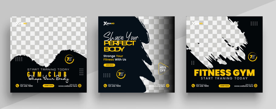 Gym and fitness social media post banner template with black and yellow color, Sports and Fitness social media post banner