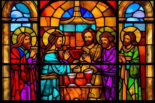 Stunning stained glass scene of Jesus turning water into wine at Cana wedding, conveying profound narratives from the New Testament in a vibrant cathedral setting. Generative AI