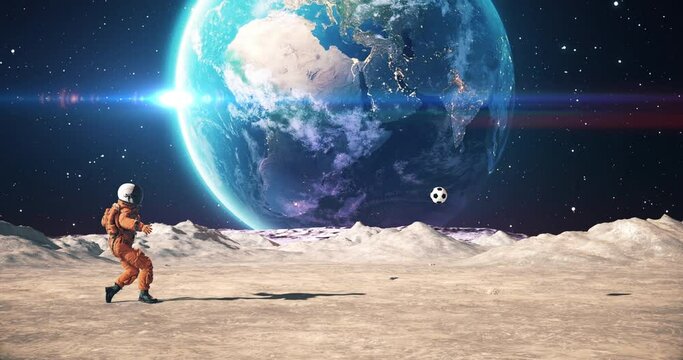 Young Astronaut On An Alien Planet Playing Soccer. Shooting Slowly. Earth Is Visible. Space Related Majestic Scene. Slow Motion.