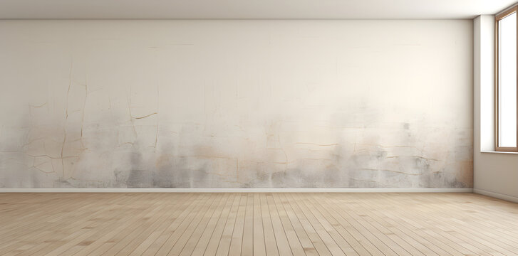 empty loft style room with window interior distressed plaster bare wall wooden floor background
