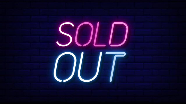 sold out neon light text on brick wall background motion animation. Glowing large text concept looping animation.