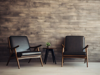 modern modern minimalist interior with classic leather armchairs in empty loft style room earthen stone brick wall with plant on coffee table plant  minimal decor