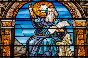 Stunning stained glass depiction of Moses receiving the Ten Commandments; a vivid educational tool from a catholic cathedral referencing Exodus 20, 1-17. Generative AI