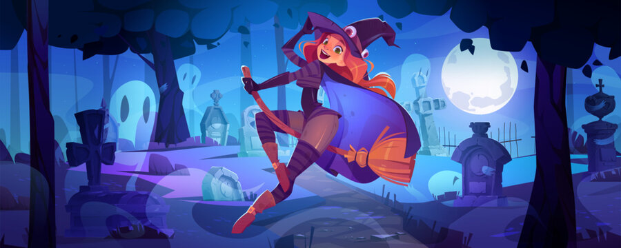 Scary graveyard vector background with witch on broom. Spooky night magic halloween illustration with cute girl in wizard costume flying in forest cemetery landscape. Nightmare with moonlight, ghost